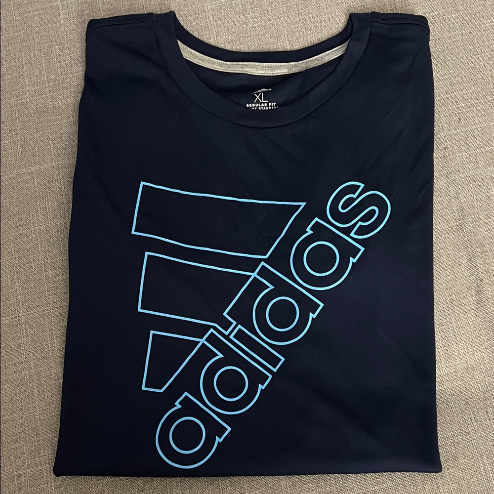 Adidas Boys XL Dark Blue Tee with NeonBlue Logo
